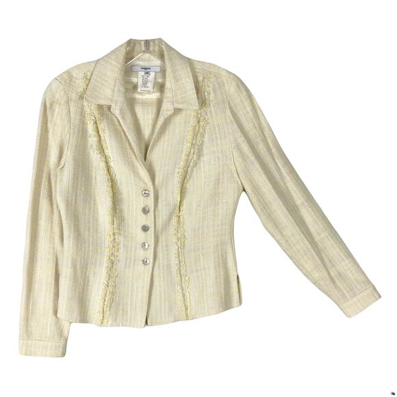 NWOT VERTIGO PARIS Blazer M Yellow Tweed Raw Hem Pearl Button Ivory Unlined